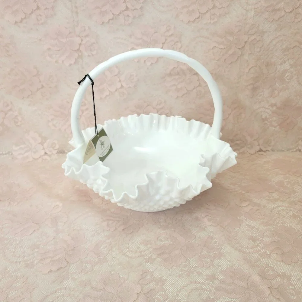 Fenton Hobnail Milk Glass Basket in Original Box with Tag - Picture 3 of 7